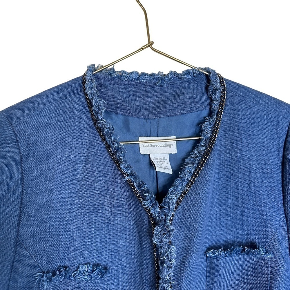 SOFT Surroundings Blue Linen Chain and Raw Fringe Hem Jacket Women’s Size Small - Picture 3 of 13